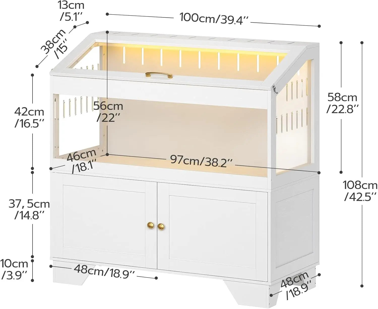 [Mother'S Day Gift]Hoobro Large Hamster Cage, Small Animal Cage with Storage Cabinet and Led Light Strip, Acrylic Guinea Pig Cage with Flip-Top Lid, Easy to Clean, 39.4" X 18.9" X 42.5", White