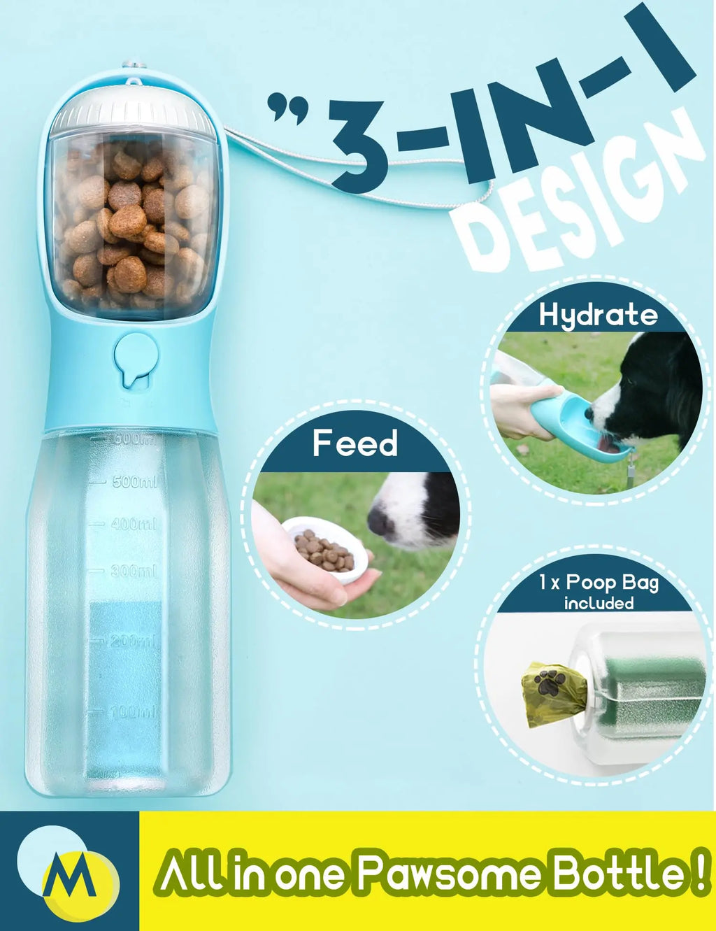 3-in-1 Portable Water Bottle for Dogs with Food Container and Waste Bag Holder - Blue, 20Oz, Ideal for Outdoor Activities and Travel