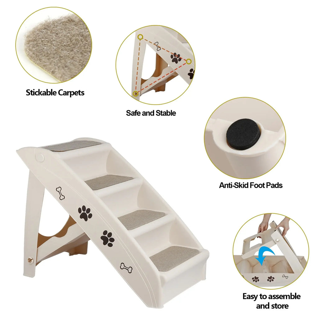 Foldable 4-Step Plastic Pet Stairs for Small Dogs with Non-Slip Paw Pads and Easy-Climb Design for Safe Access to Elevated Surfaces