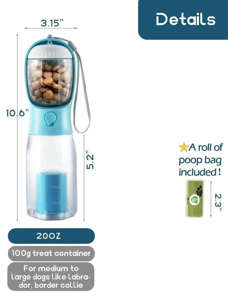 3-in-1 Portable Water Bottle for Dogs with Food Container and Waste Bag Holder - Blue, 20Oz, Ideal for Outdoor Activities and Travel