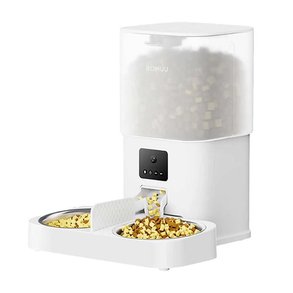 BOMUU Smart Automatic Pet Feeder with Dual Stainless Steel Bowls, 1080P HD Camera, APP Remote Feeding, 2.4G WiFi, Timed Portion Control, Two-Way Audio, 10-Second Voice Recording, 8 Meals per Day, 6L Capacity for Cats and Dogs