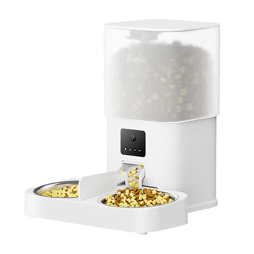 BOMUU Smart Automatic Pet Feeder with Dual Stainless Steel Bowls, 1080P HD Camera, APP Remote Feeding, 2.4G WiFi, Timed Portion Control, Two-Way Audio, 10-Second Voice Recording, 8 Meals per Day, 6L Capacity for Cats and Dogs