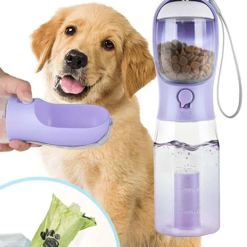 3-in-1 Portable Water Bottle for Dogs with Food Container and Waste Bag Holder - Blue, 20Oz, Ideal for Outdoor Activities and Travel