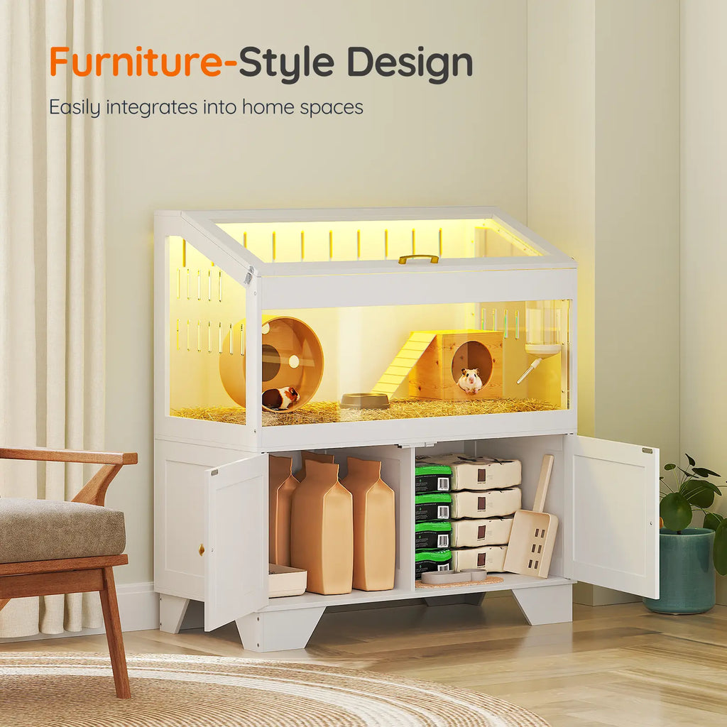 [Mother'S Day Gift]Hoobro Large Hamster Cage, Small Animal Cage with Storage Cabinet and Led Light Strip, Acrylic Guinea Pig Cage with Flip-Top Lid, Easy to Clean, 39.4" X 18.9" X 42.5", White