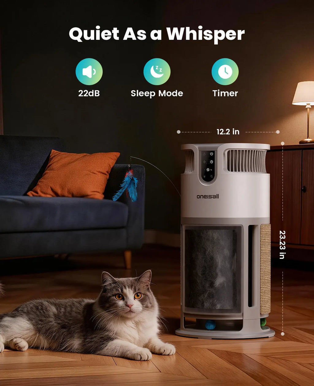 Oneisall H13 HEPA Washable Filter Air Purifier with PM2.5 Display, 3000 Sq Ft Coverage, 360° Airflow, Auto Mode, Pet Odor and Hair Removal, Ideal for Allergies, Smoke, and Dust, Includes Built-In Cat Toy, Model PP04 Summervibes