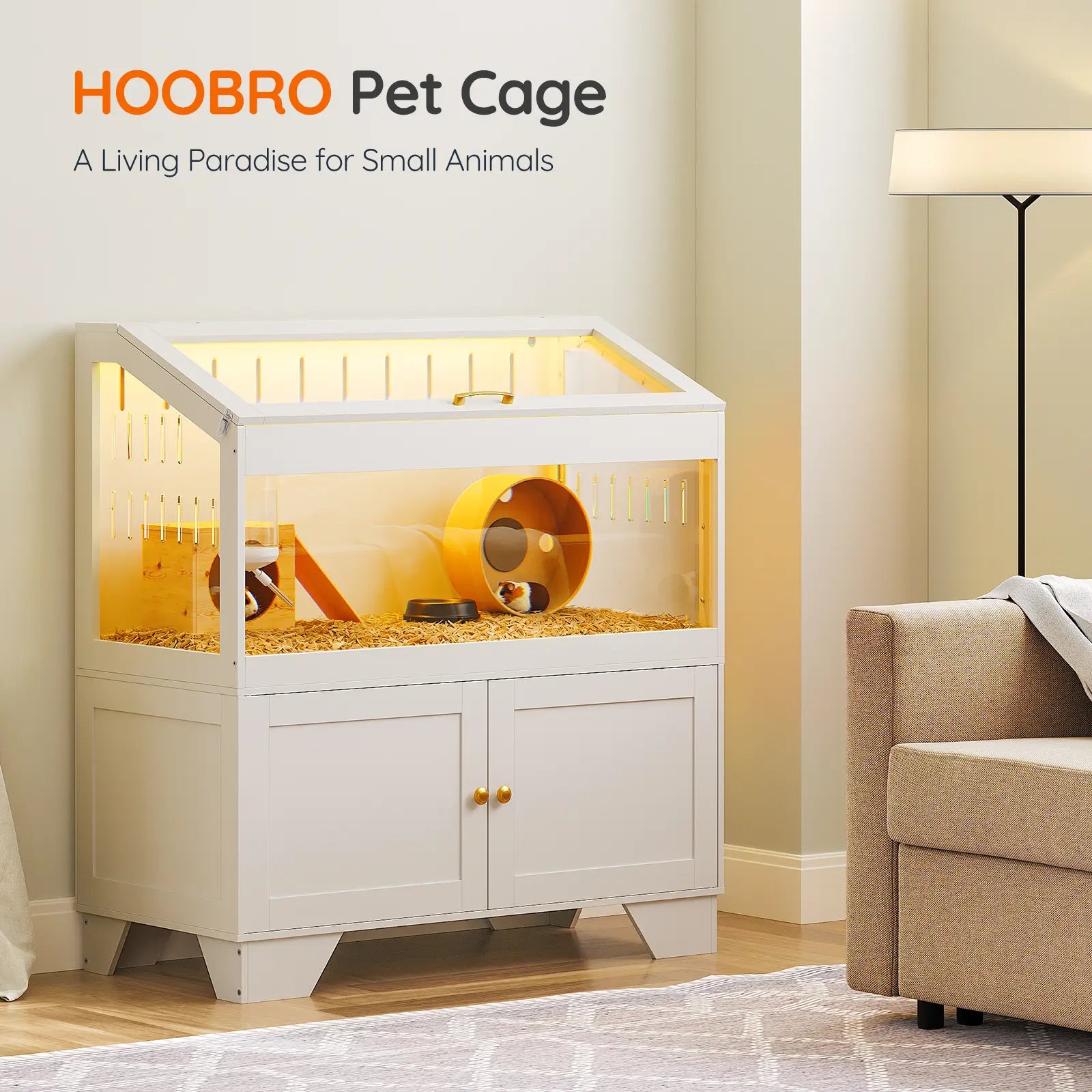 [Mother'S Day Gift]Hoobro Large Hamster Cage, Small Animal Cage with Storage Cabinet and Led Light Strip, Acrylic Guinea Pig Cage with Flip-Top Lid, Easy to Clean, 39.4" X 18.9" X 42.5", White
