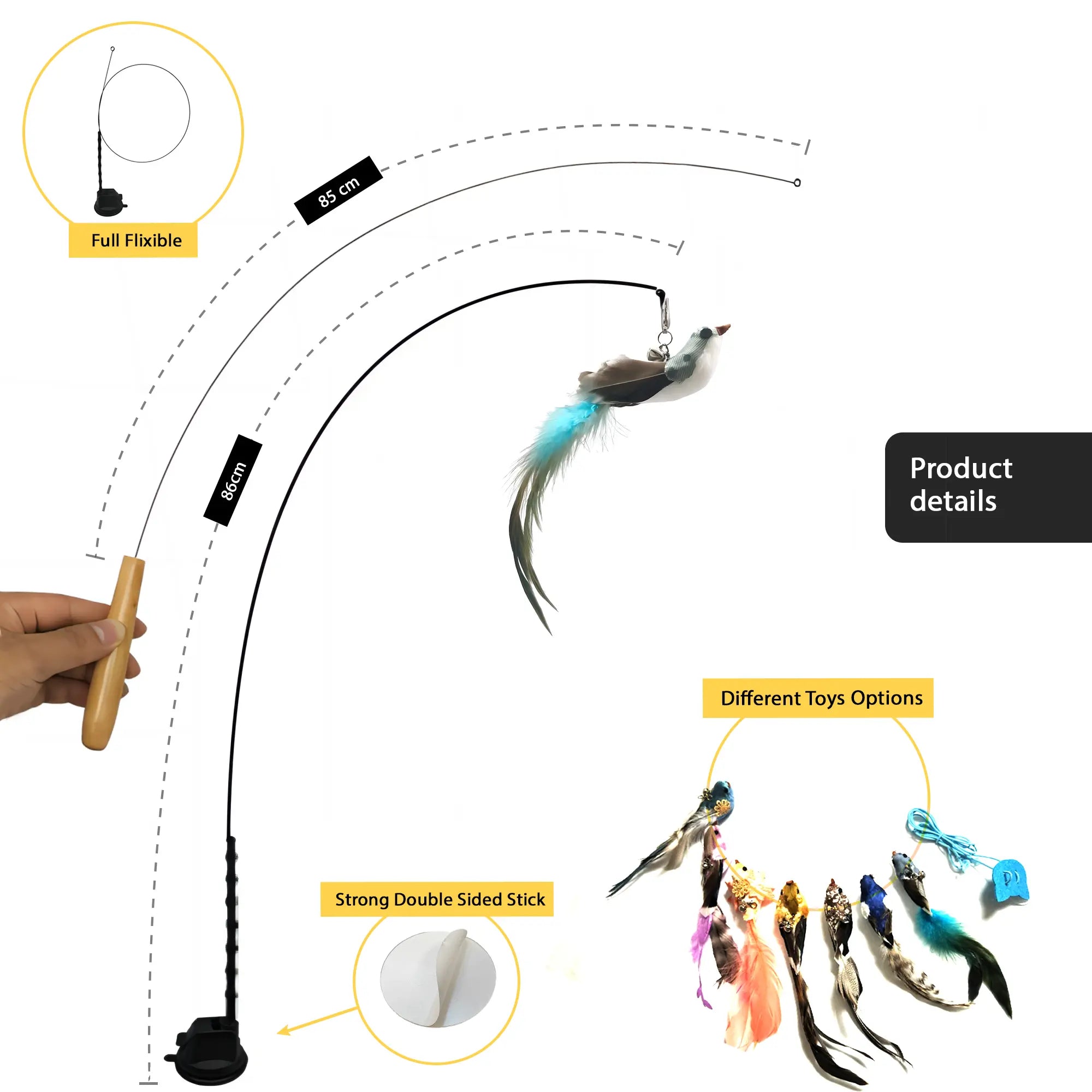 Interactive Cat Toy Wand with 10-in-1 Hands-Free Natural Bird Feather Ball and Suction Cup for Indoor Play