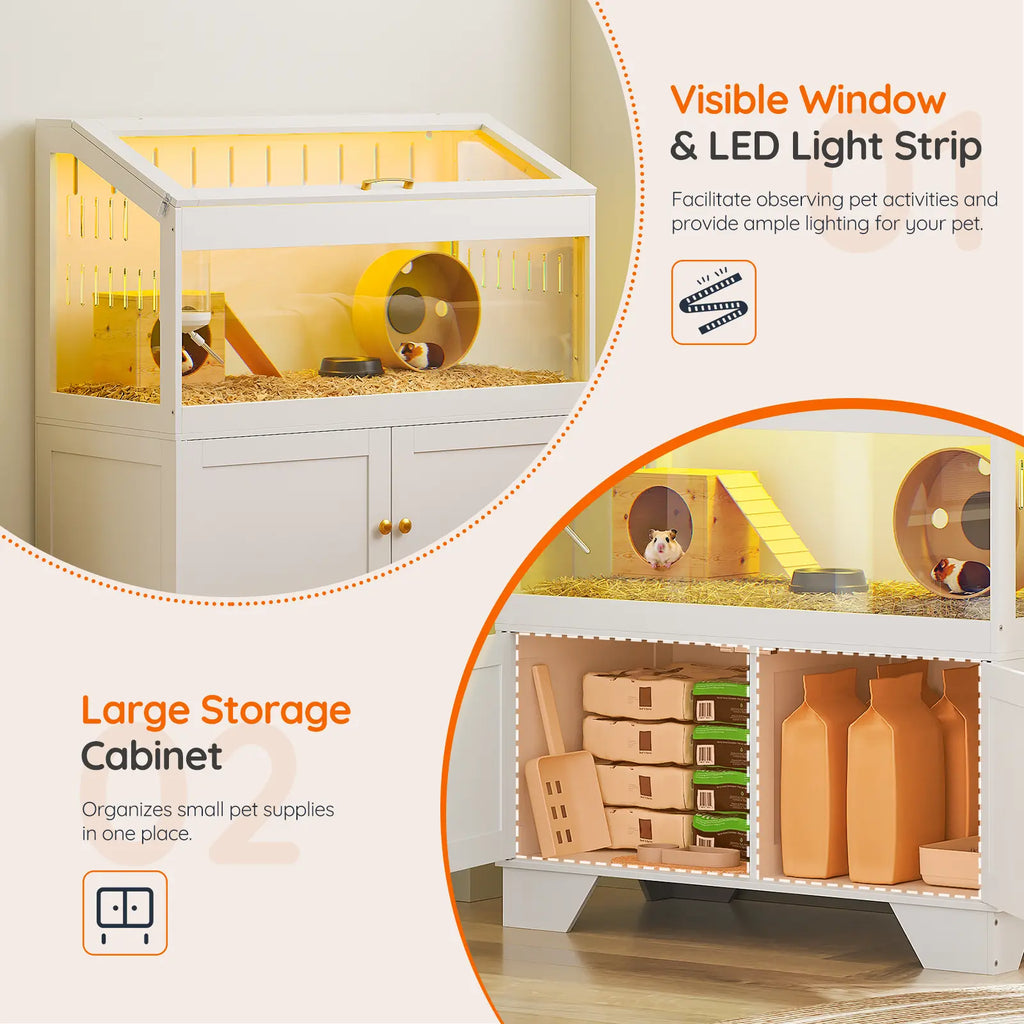 [Mother'S Day Gift]Hoobro Large Hamster Cage, Small Animal Cage with Storage Cabinet and Led Light Strip, Acrylic Guinea Pig Cage with Flip-Top Lid, Easy to Clean, 39.4" X 18.9" X 42.5", White