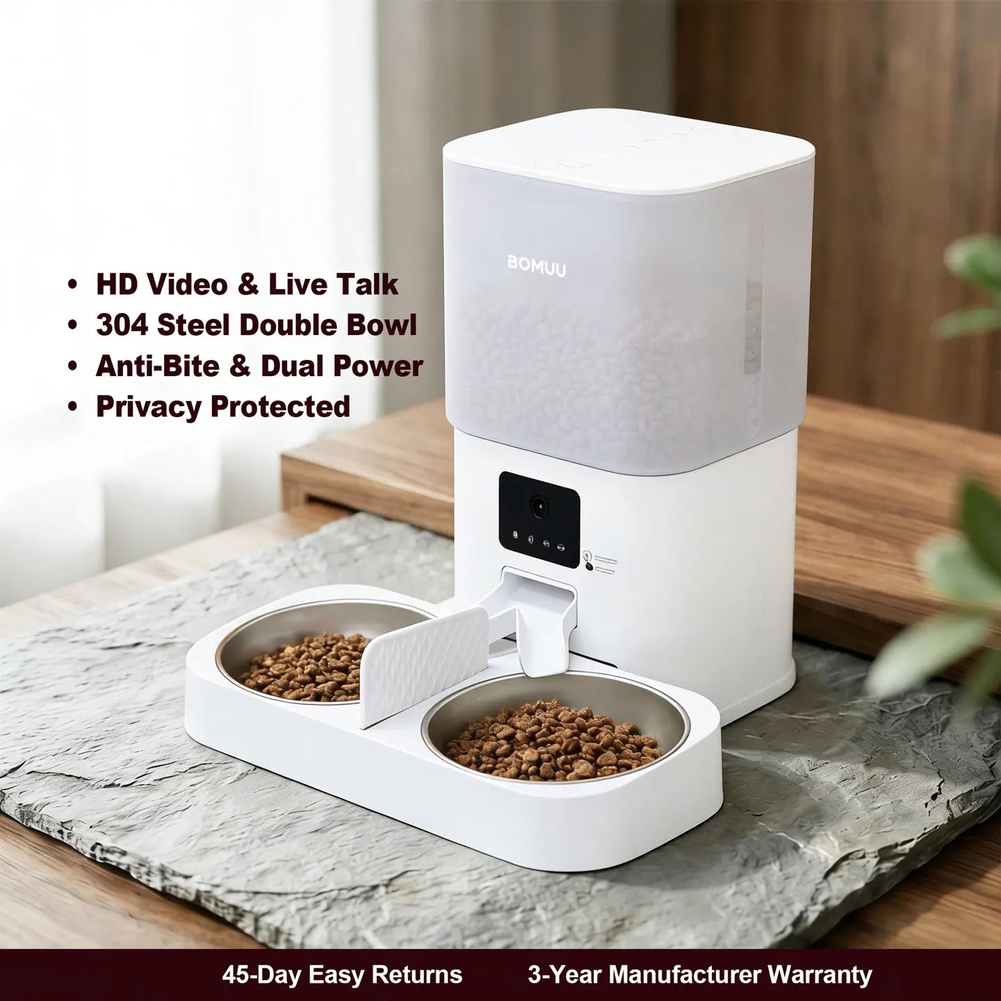 BOMUU Smart Automatic Pet Feeder with Dual Stainless Steel Bowls, 1080P HD Camera, APP Remote Feeding, 2.4G WiFi, Timed Portion Control, Two-Way Audio, 10-Second Voice Recording, 8 Meals per Day, 6L Capacity for Cats and Dogs