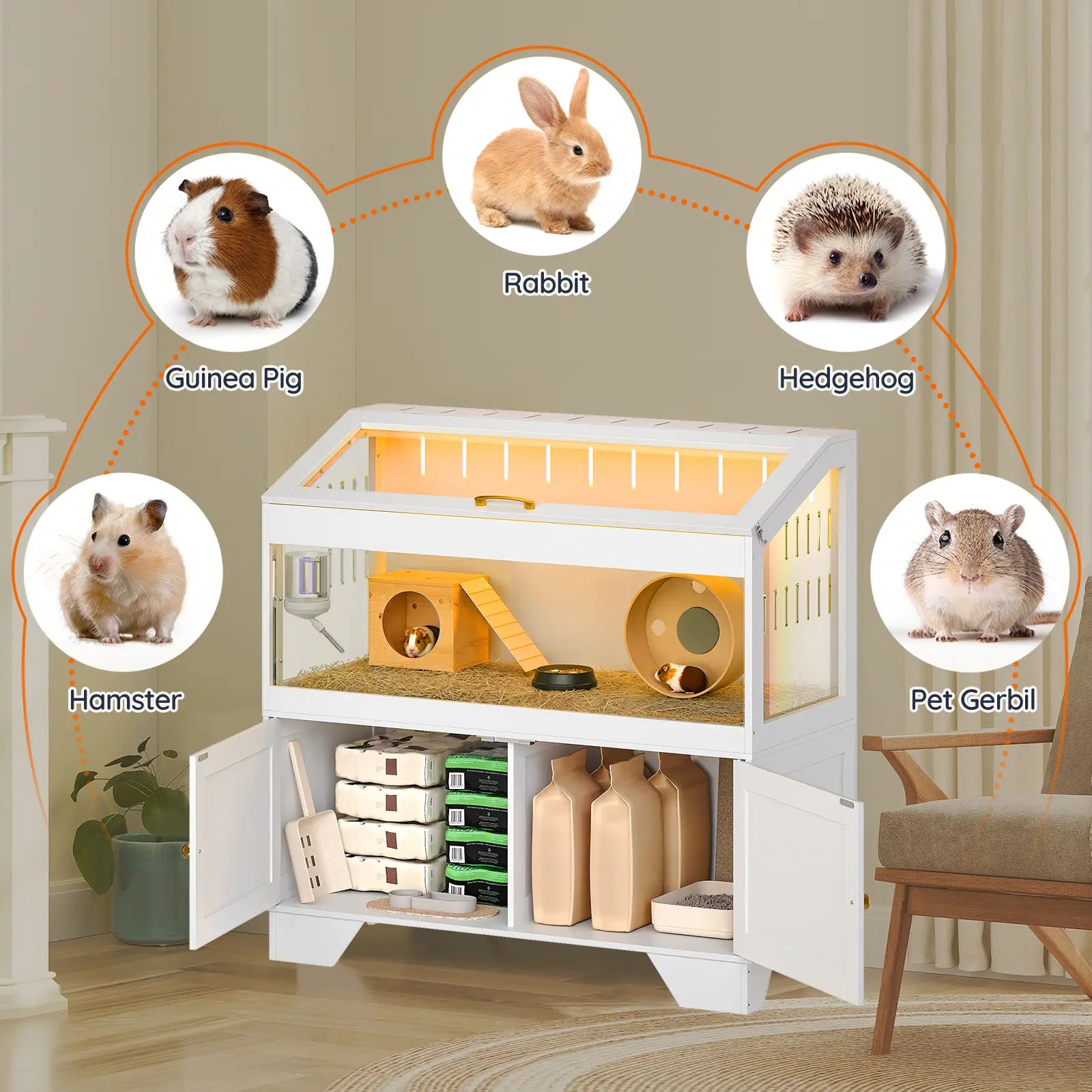[Mother'S Day Gift]Hoobro Large Hamster Cage, Small Animal Cage with Storage Cabinet and Led Light Strip, Acrylic Guinea Pig Cage with Flip-Top Lid, Easy to Clean, 39.4" X 18.9" X 42.5", White