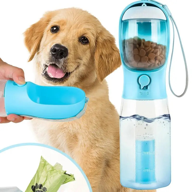 3-in-1 Portable Water Bottle for Dogs with Food Container and Waste Bag Holder - Blue, 20Oz, Ideal for Outdoor Activities and Travel