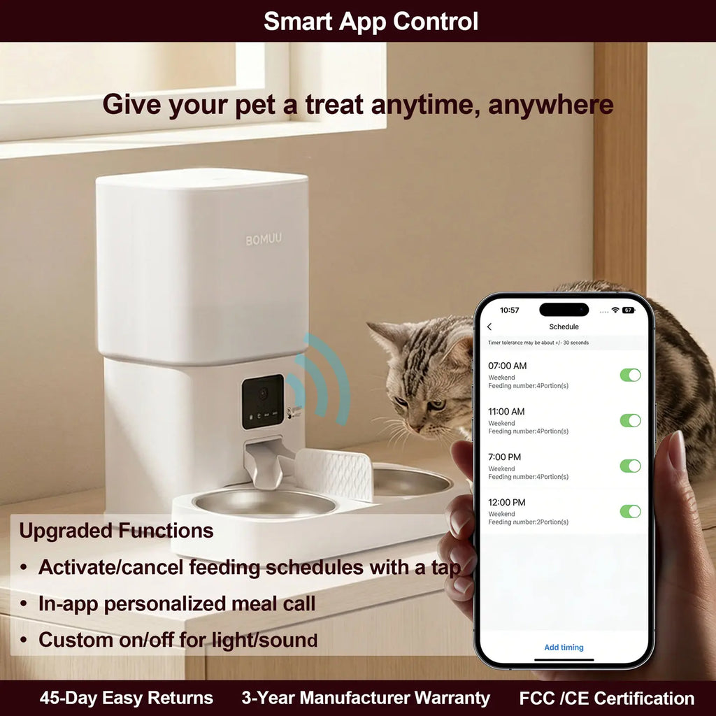 BOMUU Smart Automatic Pet Feeder with Dual Stainless Steel Bowls, 1080P HD Camera, APP Remote Feeding, 2.4G WiFi, Timed Portion Control, Two-Way Audio, 10-Second Voice Recording, 8 Meals per Day, 6L Capacity for Cats and Dogs