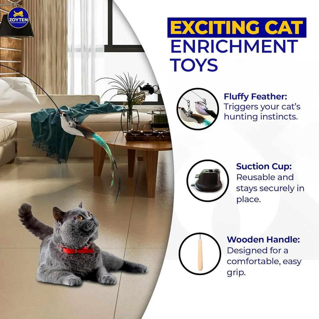 Interactive Cat Toy Wand with 10-in-1 Hands-Free Natural Bird Feather Ball and Suction Cup for Indoor Play
