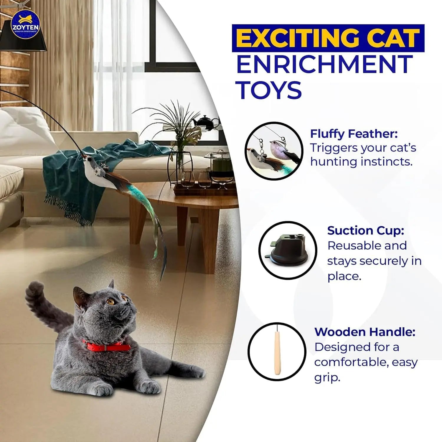 Interactive Cat Toy Wand with 10-in-1 Hands-Free Natural Bird Feather Ball and Suction Cup for Indoor Play