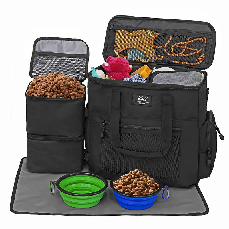 Wolt Pet Travel Bag Kit - Airline-Approved Organizer for Dog Food and Supplies, Ideal for Camping, Hiking, and Weekend Getaways, Black Travel Accessories for Pet Lovers