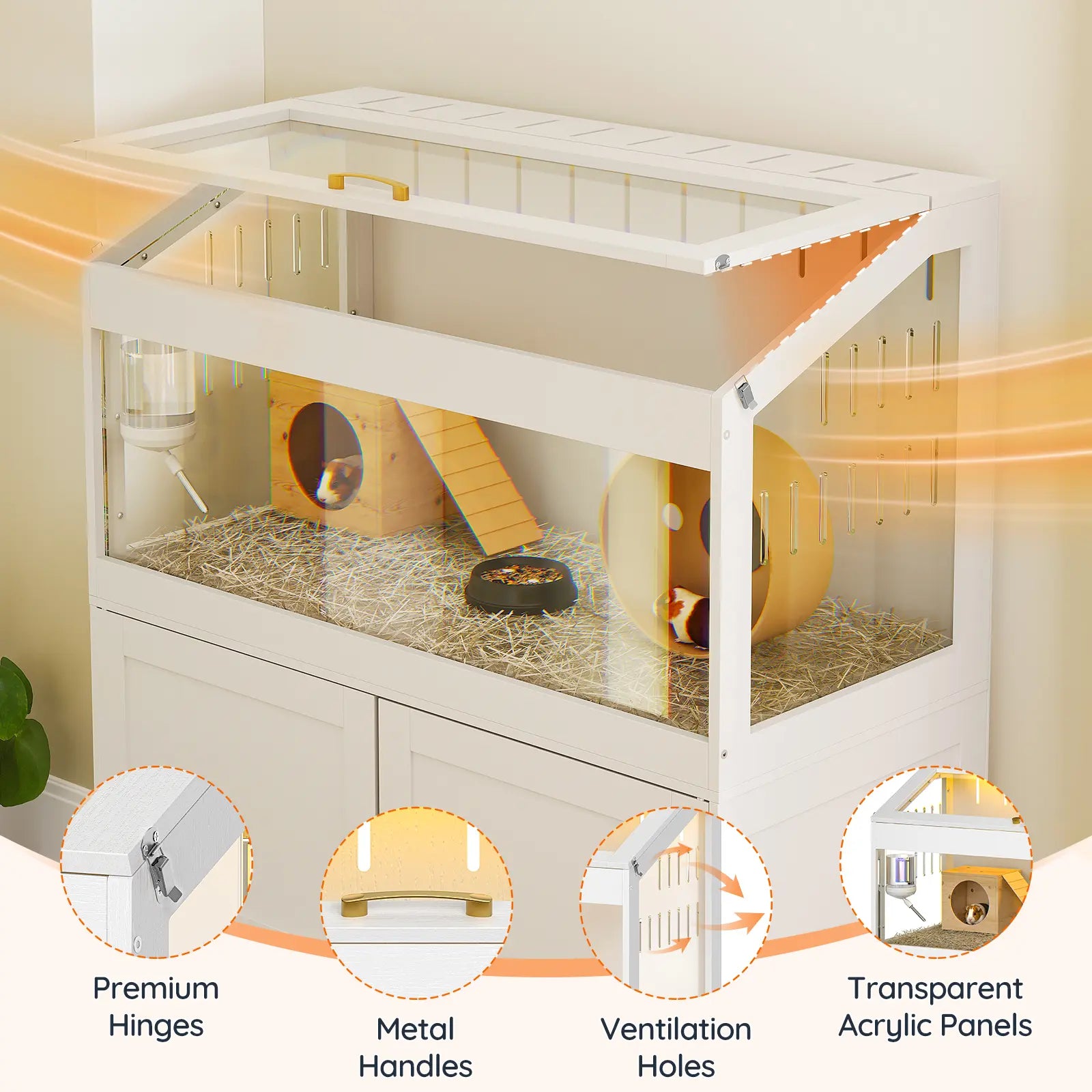 [Mother'S Day Gift]Hoobro Large Hamster Cage, Small Animal Cage with Storage Cabinet and Led Light Strip, Acrylic Guinea Pig Cage with Flip-Top Lid, Easy to Clean, 39.4" X 18.9" X 42.5", White