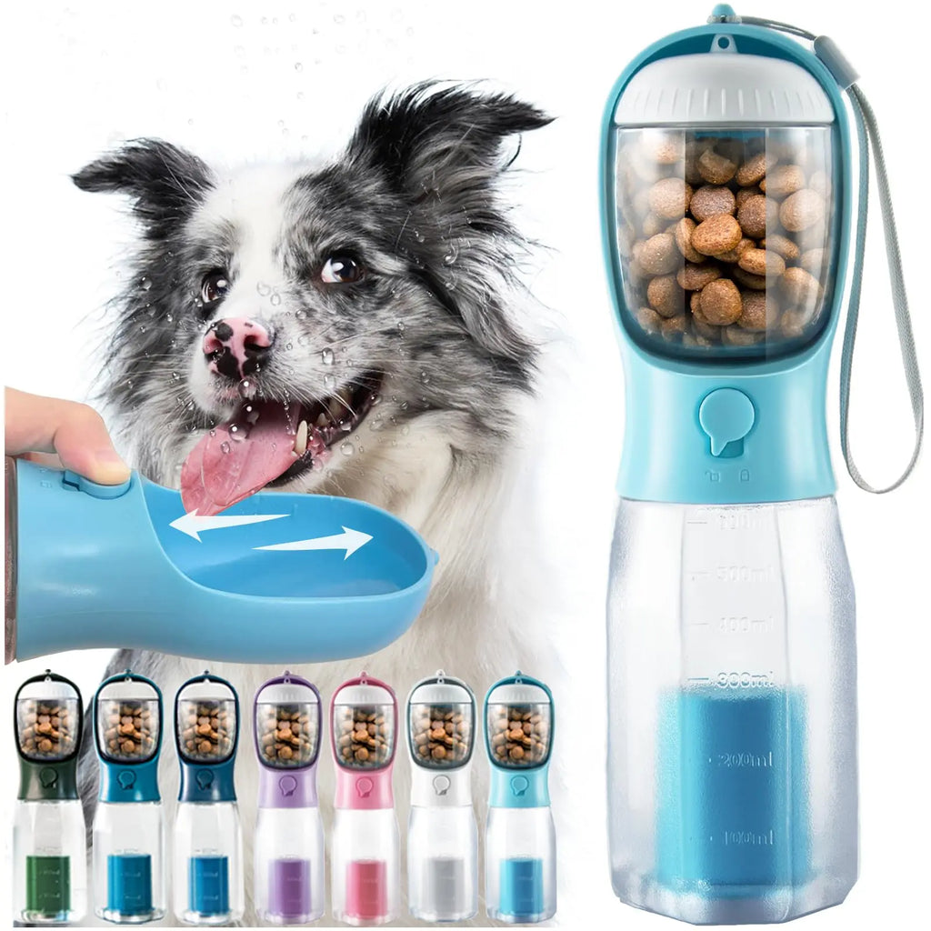 3-in-1 Portable Water Bottle for Dogs with Food Container and Waste Bag Holder - Blue, 20Oz, Ideal for Outdoor Activities and Travel