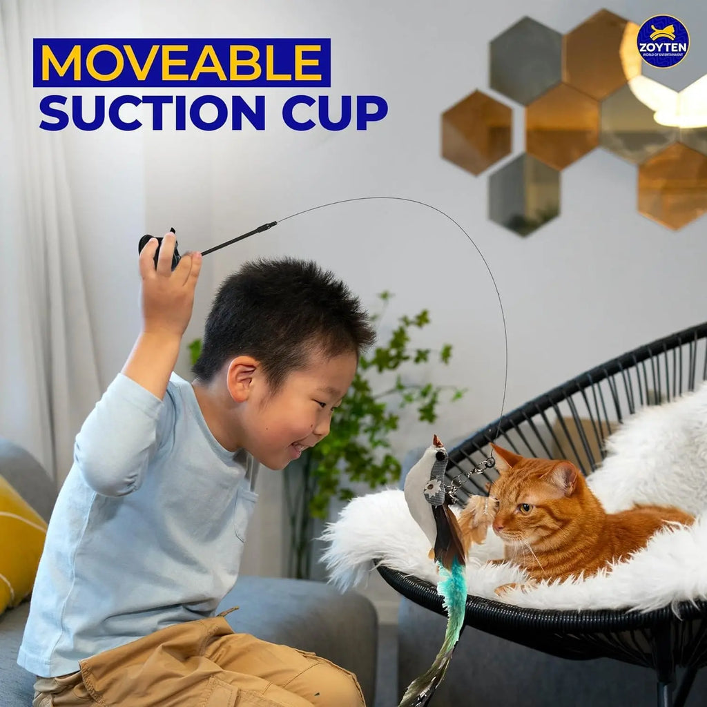 Interactive Cat Toy Wand with 10-in-1 Hands-Free Natural Bird Feather Ball and Suction Cup for Indoor Play