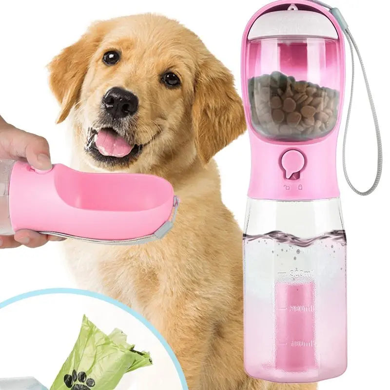 3-in-1 Portable Water Bottle for Dogs with Food Container and Waste Bag Holder - Blue, 20Oz, Ideal for Outdoor Activities and Travel