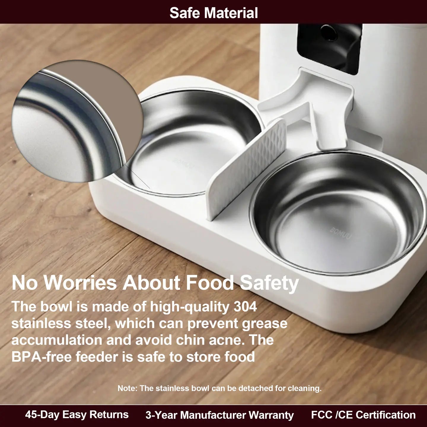 BOMUU Smart Automatic Pet Feeder with Dual Stainless Steel Bowls, 1080P HD Camera, APP Remote Feeding, 2.4G WiFi, Timed Portion Control, Two-Way Audio, 10-Second Voice Recording, 8 Meals per Day, 6L Capacity for Cats and Dogs