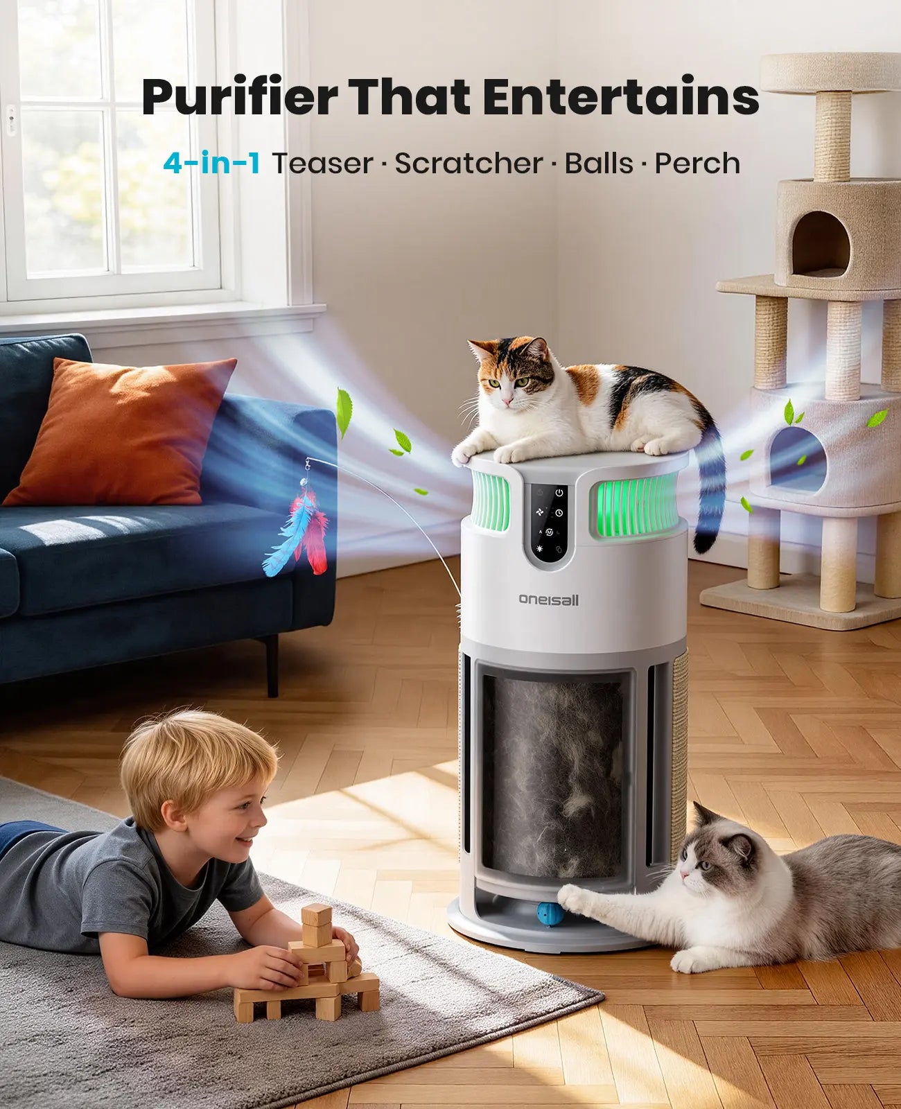 Oneisall H13 HEPA Washable Filter Air Purifier with PM2.5 Display, 3000 Sq Ft Coverage, 360° Airflow, Auto Mode, Pet Odor and Hair Removal, Ideal for Allergies, Smoke, and Dust, Includes Built-In Cat Toy, Model PP04 Summervibes