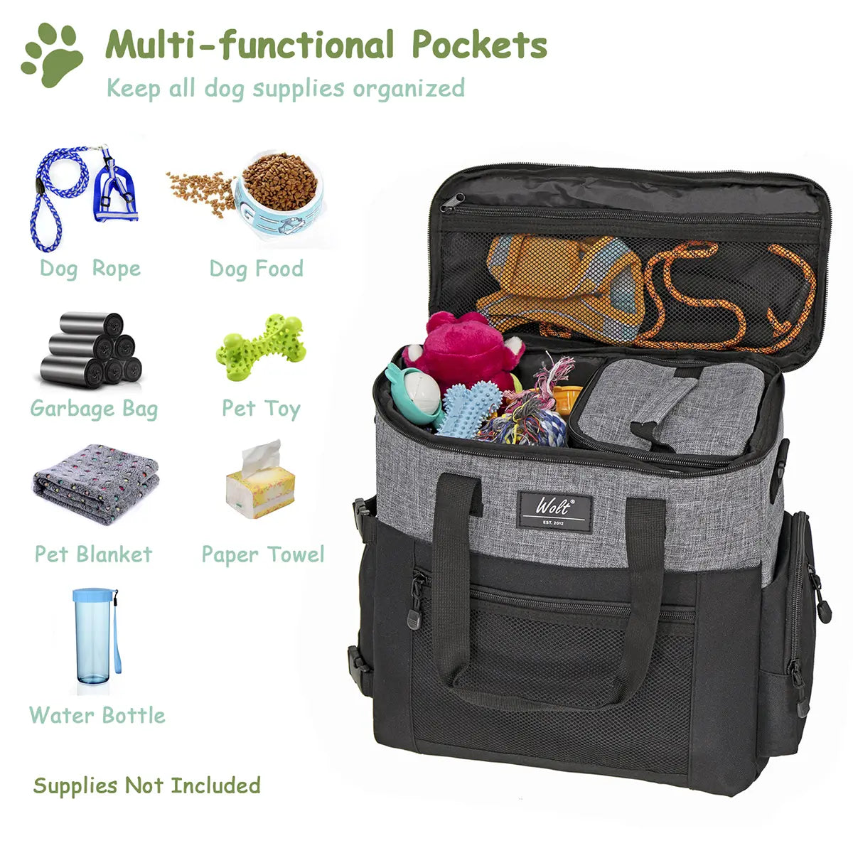 Wolt Pet Travel Bag Kit - Airline-Approved Organizer for Dog Food and Supplies, Ideal for Camping, Hiking, and Weekend Getaways, Black Travel Accessories for Pet Lovers